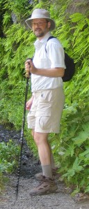 My dayhike attire: Tilley hat, small backpack, cargo shorts, trekking pole, hiking boots and socks.