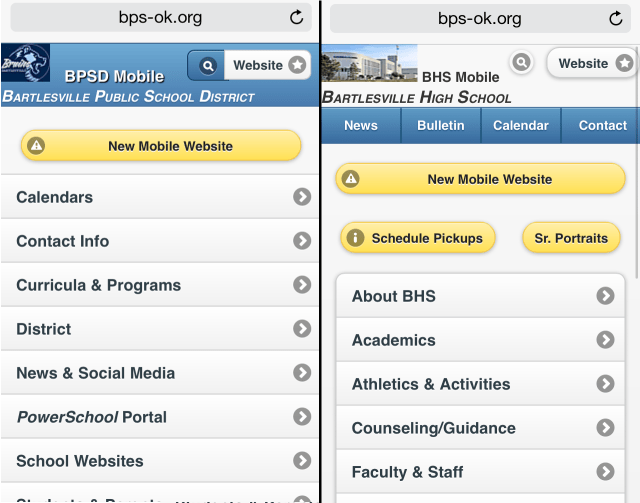 A button bar in the header distinguishes the high school mobile site
