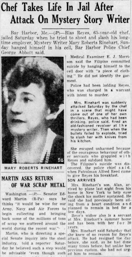 Newspaper article about attack on Rinehart