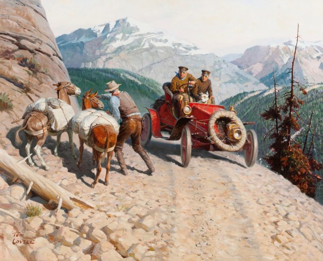 pack mules and car by Tom Lovell